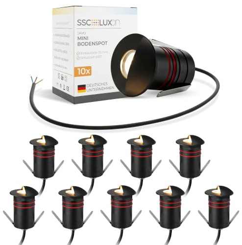 SSC-LUXon JAVO Bodeneinbaustrahler 10x rund schwarz IP67 warmweiß indirekt | Zehn Mini-Bodenspots schwarz mit indirektem, blendfreiem Licht - für Einfahrt, Wege & Terrasse, wetterfest IP67, befahrbar