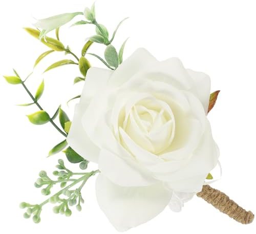 HOMSFOU Künstliche Hochzeitsblumen Brosche mit Weißer Seidenrose Hautfreundlich und Vielseitig Elegante Blumenkorsage für Braut und Bräutigam bei Hochzeitsfeiern