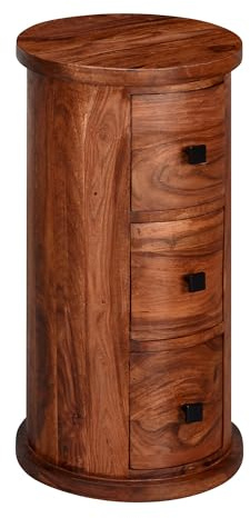 FineBuy Kommode 65 cm Sheesham Massivholz Braun mit Schubladen, Rund | schmaler Beistellschrank aus Echtholz, Schränkchen handgefertigt, Mini Sideboard mit Stauraum für kleine Räume