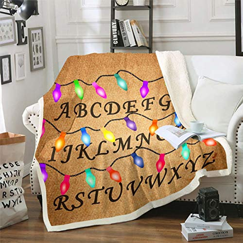 Loussiesd Coperta in peluche con 26 lettere inglesi per divano letto, modelli per bambini, divertente e sfocato, coperta educativa in pile, luci arcobaleno decorazione della stanza colorata Sherpa