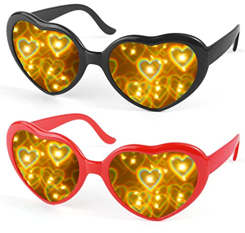 flintronic 2 Stücke Herze Brille, 3D Herz Glasses Beugungs Brille, Sonnenbrille Partybrillen, Retro Stil Festivalbrillen Brille für Raves, Musikfestivals, Kostümpartys, Karneval, Schwarz+Rot