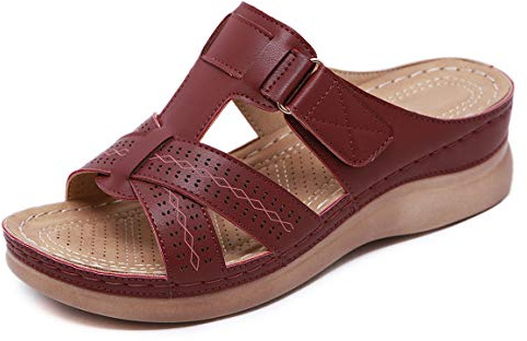 CELANDA Mules en Cuir pour Femme Sandales Mode Bout Ouvert Compensées Plateforme Pantoufles Premium Orthopédiques Sandales Vintage Chaussons de Plage d'été Vin Rouge, Taille:39 EU