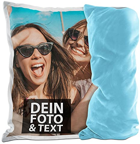 Print Royal Flauschiges Fotokissen selbst gestalten - inklusive Kissenfüllung - Fotokissen personalisierbar mit Foto und Wunschtext | 40 x 40 cm - flauschig - Rückseite Hellblau