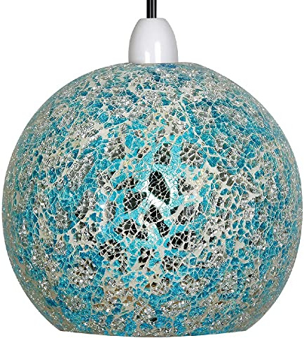 Blue & Silver Mosaic Glass Vintage Retro Easy Fit Dome Pendant Shade | 21cm Diameter (8) | None Electric Ceiling Lampshade | Fits Lampholder Types E27 ES Large Edison Screw