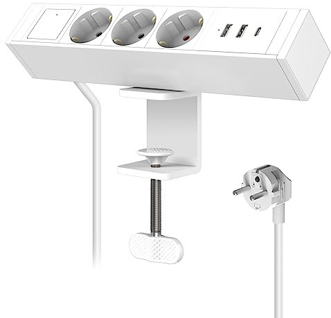 BSEED Tischsteckdose mit USB C Port, Schreibtisch Steckdosenleiste mit Tischklemme, Mehrfachsteckdose mit Schalter, 3 Fach USB Steckdose, Verteilersteckdose, Steckerleiste 1,8m Verlängerungskabel Weiß