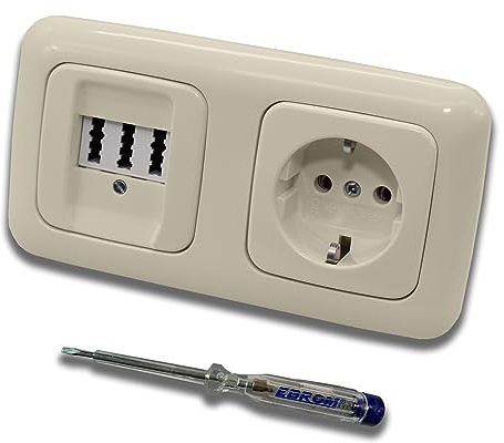Busch Jäger Set: Unterputz Telefondose von EBROM, TAE 3x6 NFN für 1 Telefon und 2 Zusatzgeräte in DURO2000 cremeweiß, Rahmen und Steckdose 20EUC-212 + EBROM Phasenprüfer zur Montage der Geräte