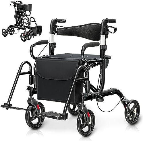 Byroce 2-in-1 Rollator Walker for Seniors, Folding Wheelchair with Seat, 8’’ Wheels, 6 Adjustable Height, Reversible Backrest & Footrests, Aluminum Medical Mobility Walking Aid Transport Chair (Black)