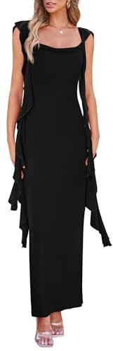 PRETTYGARDEN Women's 2025 Summer Wedding Guest Dress Sleeveless Ruffle Formal Cocktail Party Maxi Bodycon Dresses (Black,Medium)