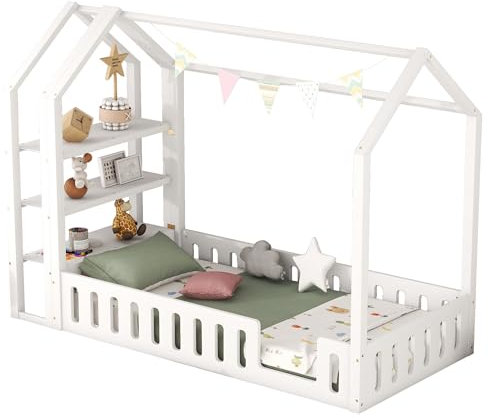 Hausbett kinder 90x200,Flachbetten,Hausbetten mit Geländer, Kinderbetten mit 3 Regalen Jugendbett vielseitiges Holz Kinderbett für Jungen & Mädchen,White