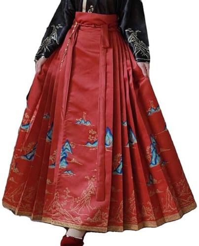 Women's Mamianqun Hanfu Horce Face Skirt Chinese Traditional Costume Pleated Maxi Skirt (Mountains-Red, Height 5'3-5'5)