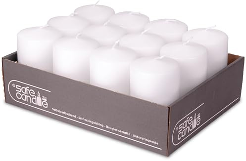 DecoLite 12er Pack Stumpenkerzen 100/60mm - Selbstverlöschend, Safe Candle, RAL Zertifiziert, 36 Stunden Brenndauer - 100% Made in Germany by Wenzel Kerzen (weiss)