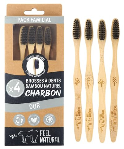 Brosse à Dent Bambou Naturel Charbon - Pack Familial 4 Brosses à Dents Dures pour Enfant et Adulte - Soin Dentaire, Lave les Dents en Profondeur, Poil en Huile de Ricin, Facile à Prendre en Main