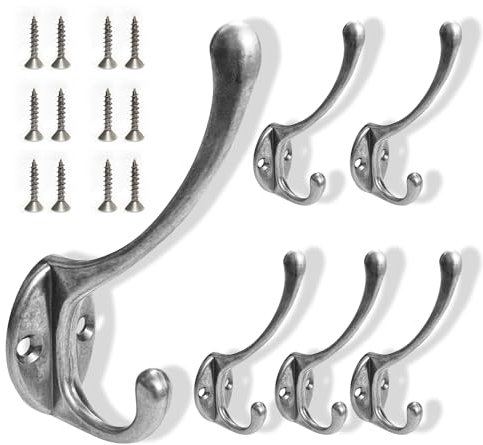 6 Piezas Ganchos Percheros de Pared, Vintage de metal Gancho para Ropa, Ganchos Percheros Percha, Ganchos Dobles de Metal, con 12 Tornillos, Disponible Para Cocina, Baño, Probador, Dormitorio-Plateado