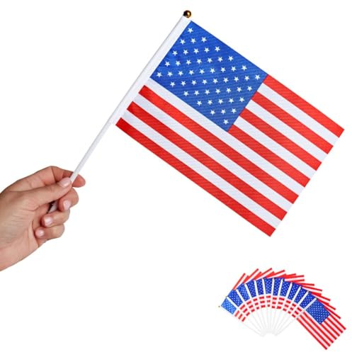 Runesol Pack de 12 - drapeaux à main USA, 14x21cm, Mini drapeaux du monde, drapeaux américains, petits drapeaux sur bâtons, décorations de fête, sports, célébrations, Olympics, Jour de l'indépendance