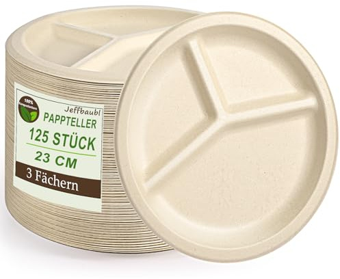 Jeffbaubl 125 Stück 3-Fach Pappteller, 100% Kompostierbarer Bagasse Einwegteller, 22.5cm Umweltfreundliche Teller für Geburtstagsfeier Picknick