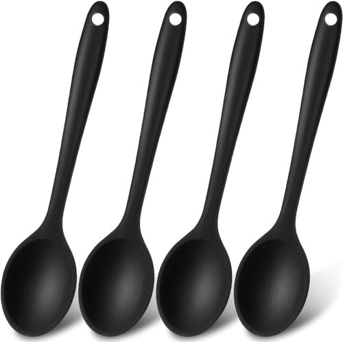 tiokin 4 Stück Kleiner Silikon Löffel Antihaft-Küchenlöffel Kochlöffel Silikon-Servierlöffel Rührlöffel für die Küche Kochen Backen Rühren Mixing Tools(Schwarz)