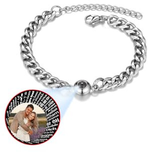 PiercingJak Bild Projektion Armband mit Foto im Stein Damen Herren Armkette 7mm Breit Panzerkette Edelstahl Armreif Personalisierte Geschenke für Frauen Mann, Motive 100 Sprachen Ich Liebe Dich