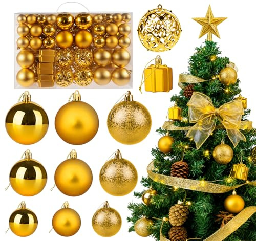 ilauke Weihnachtskugeln Set, 105 er Set Weihnachtskugeln Kunststoff Gold, Bruchsicher Christbaumkugeln mit Lanyard, Weihnachtsbaumdeko Weihnachtsschmuck für Drinnen & Draußen, Christbaumschmuck