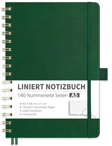 RETTACY Cuaderno A5 a rayas, Bullet Journal con papel de 100 g/m², 70 hojas/140 páginas numeradas, bloc de notas para oficina y escuela, funda de cuero, verde oscuro, 14,8 cm x 21 cm