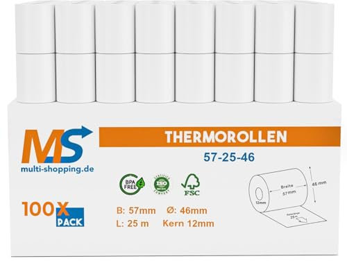 Kassenrollen/Thermorollen/Bonrollen 57mm x 25m x 12mm Bpa frei für alle gängigen Thermo Kassen-Bondrucker B: 57mm x L: 25m Ø45mm (100)