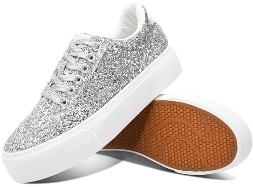 Jeekopeg Glitter Platform Sneakers Women Casual Sequin Sparkly Shoes Bling Thick Sole Walking Shoes Shiny Sequin Wedding Sneakers for Lady(Silver Glitter,US9)
