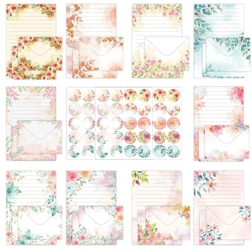 Cyiecw 160 Stück Briefpapier mit Umschlag Set (10 Farben),50 A5 Liniert und 50 Briefumschläge, Aquarell Edel Kinder Mädchen Florales Dekoratives Schreibpapier mit 60 Sticker (Blumen)