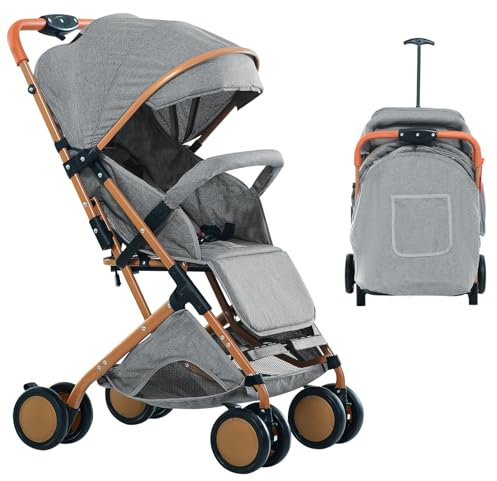 Evolutionär trehjuling för barn, barnvagn, lätt och kompakt barnvagn, förlängt läge, ryggstöd till liggande, bärväska, extra stor markis (grå)