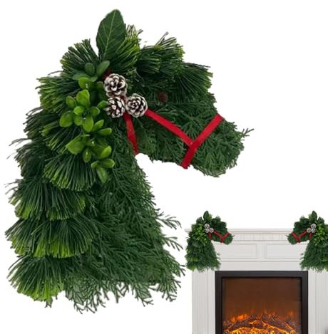Pferdekranz,Kunstkiefernkranz,Weihnachtstürkranz Pferdeköpfe | Saisonale Dekoration, Tannenzweige, Weihnachtskranz für den Außenbereich, Türkränze für das Bauernhaus