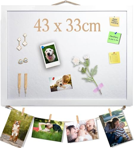 Weiß Pinnwand aus Kork mit Filz, 43x33CM kleines Anzeigebrett für Wände, Schmuck, Notizen, Sammlungen, Fotos, Büro, Weiß Holzrahmen & Filz, 1 Stück. DE