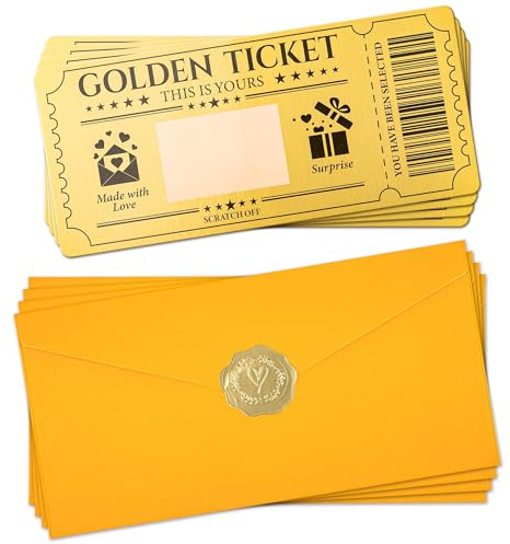 VELATYVIO 12 Sets Golden Ticket Custom Scratch off Cards with Envelope and Stickers Surprise Gift Certificates for Birthday Concert Wedding Movie Vouchers Raffle Coupons