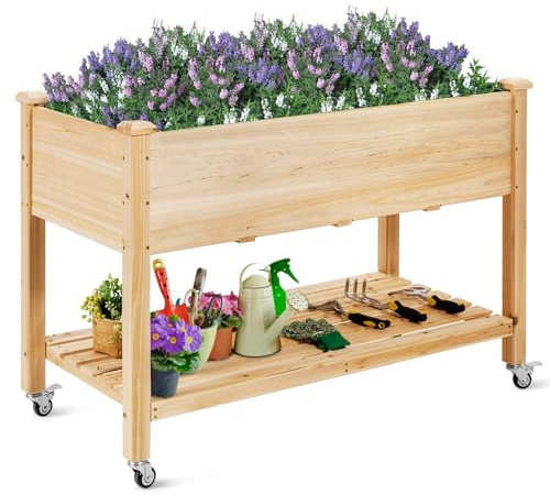 RELAX4LIFE Fioriera da Esterno, Orto Rialzato da Esterno con Ruote Bloccabil e Fori di Drenaggio, Fioriera Legno con Ripiano Inferiore per Fiori, Erbe, per Balcone, Giardino (120x59x84cm, Naturale)