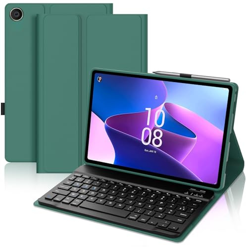 Coque Clavier pour Lenovo Tab M10 3e Gén 10.1 Pouces, AZERTY Français Housse Clavier Bluetooth Magnétique Détachable avec Porte Crayon pour Tablette Lenovo Tab M10 3eme Gén 10.1 2022, Vert Foncé