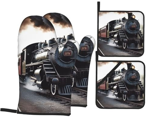 Steam Train Oven Mitts and Pot Holders Set of 4, Heat Resistant Non Slip Oven Gloves and Hot Pads Kitchen Mittens Cooking Gloves Potholders for BBQ Baking Grilling