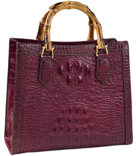 Crocodile Pattern Leather Women's Bag Real Bamboo Top-Handle Satchel Handbags Portable Tote Bag Shoulder Messenger Bags (Purple)
