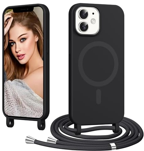 Vauki Coque Magnétique pour iPhone 12/iPhone 12 Pro avec Cordon, [Compatible avec MagSafe] Ultra Mince Souple TPU Silicone Étui Housse avec Collier Lanyard Lanière en Corde Case Camera Antichoc, Noir