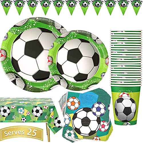 Duocute Vajilla Fiesta de Fútbol 102 Piezas Vajilla de Papel para Cumpleaños de Niños Incluye Platos Vasos Servilletas Mantel y Pancarta, para Cumpleaños de Fútbol 25 Invitados