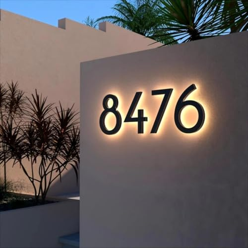 Letrero LED personalizado con número de casa iluminado, placa de dirección retroiluminada personalizada (negro, altura 16 cm)