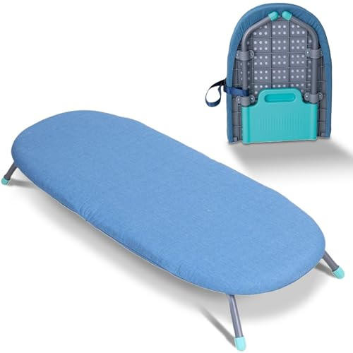 Table à repasser pliable – Table à repasser à vapeur peu encombrante, hauteur réglable et housse en maille résistante à la chaleur, portable pour voyage, dortoirs, appartements (bleu)