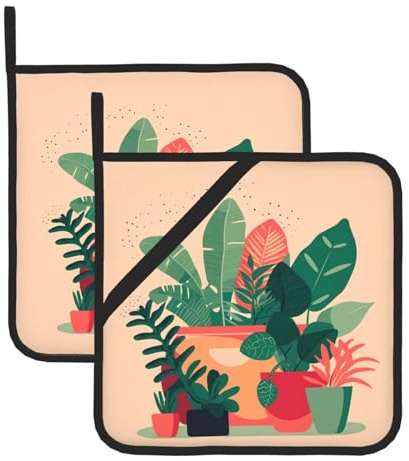 Piccole piante verdi da interno con stampa di presine quadrate resistenti al calore (set di due) 20,3 x 20,3 cm: tessuti di qualità, anti-scottatura e facili da pulire