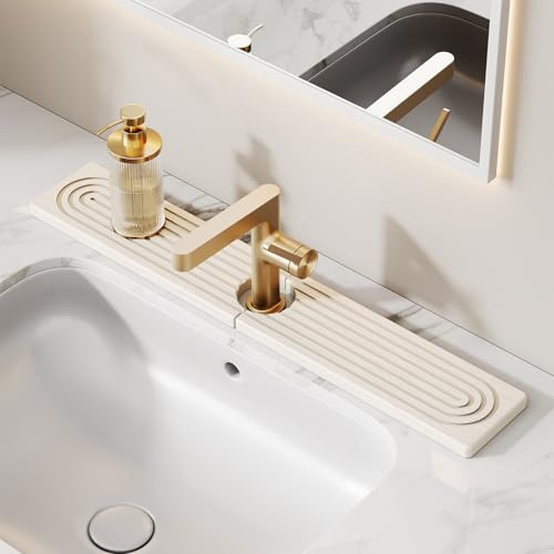 23.6 Inch Stone Faucet Mat for Kitchen Sink Splash Guard, Diatomite Sink Protectors for Kitchen Sinks Behind Faucet, Quick Dry Water Absorbing Stone Tray , Drip Catcher (White, 23.6 x 3.9)