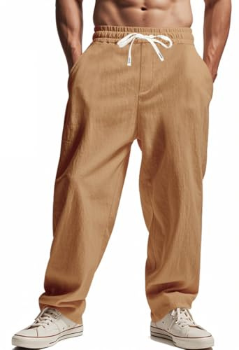OLIPHEE Pantalones Lino Hombre Cintura Elástica Pantalón Suelto Fluido con Cordón y Bolsillos Pantalones Deportivos Hombre Casual Transpirable Ligero Playa Yoga