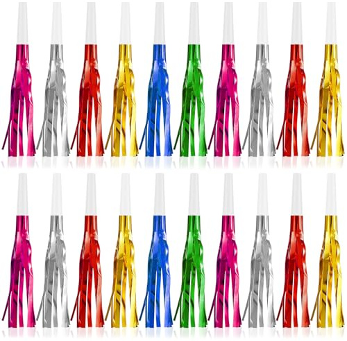 48Pcs Happy New Year Noise Makers, Colorful New Year Blowouts Whistles Party Favors Metallic Fringed Party Blowers for Birthday Christmas New Years Eve Party Supplies