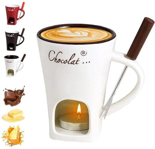 Chocolate Melting Cup, Chocolate Fondue Mug with Forks Ceramic Butter Warmers Pot Personal Cheese Melting Cup Warmer Mug for Candy Snack Caramel Party (White)