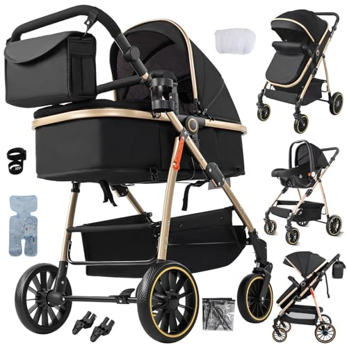 Magic ZC 3-i-1 babyvagn, barnvagn med en klickbar bärbar design, vagn 3 delar vändbar tvåvägs skjut, tredelad barnvagn med tillbehör (V8 svart guld)