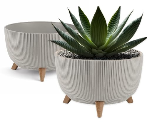 FEINZ Blumentopf auf Beinen 40 cm Beige | Einsatz, Ablauf, Innen, Außen, wetterfest, stabil, dekorativ, Holzoptik, skandinavischer Stil