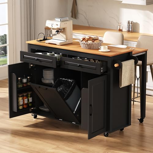 Huayz Isla de cocina con ruedas, extensible para comedor, isla de cocina con compartimento para basura, móvil independiente con regletas, con cajón, estante para especias de 3 puertas, para comedor