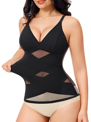 Nebility Compression Tanks for Women Shapewear Tank Tops Tummy Control Body Shaper V Neck Mesh Camisole (Black, Medium)