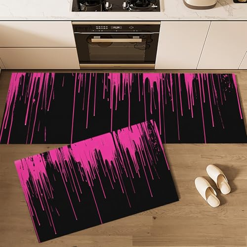 GDJSMIN Küchenteppich Läufer 2 Stück,Moderne Abstrakte Kunst rutschfest Waschbar Küchenläufer, Rosa Farbtropfen Anti-Müdigkeit Küchenmatte,Schwarz-Pink Ölbeständig Weich Teppich,43×75Cm+43×150Cm