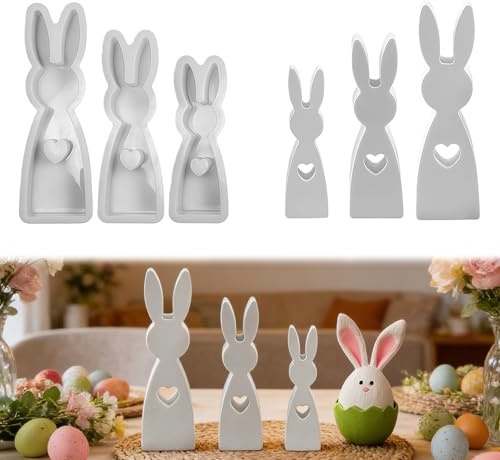 XQMMGO 3 Pezzi Stampo In Silicone Coniglio Con Cuore, Stampo Per Coniglio, Stampi In Silicone Stampi Pasqua,Primavera, Per Gesso, Resina Epossidica, Fai Da Te Decorazioni Pasquali