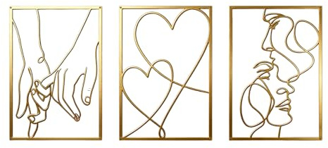 Shuqio 3 Stück Metall Wanddeko Gold Minimalistisch | Kuss, Herz und Händen Designs, Liebesmotivierte Motive, Für Schlafzimmer und Wohnzimmer, Romantik und Ästhetik